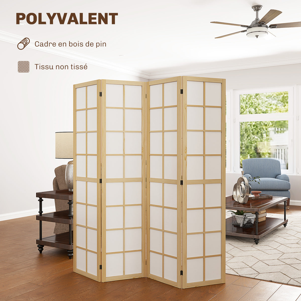 Paravent interieur pliable 4 panneaux 160 x 170 cm séparateur de pièce pour salon chambre à coucher maison, naturel-3