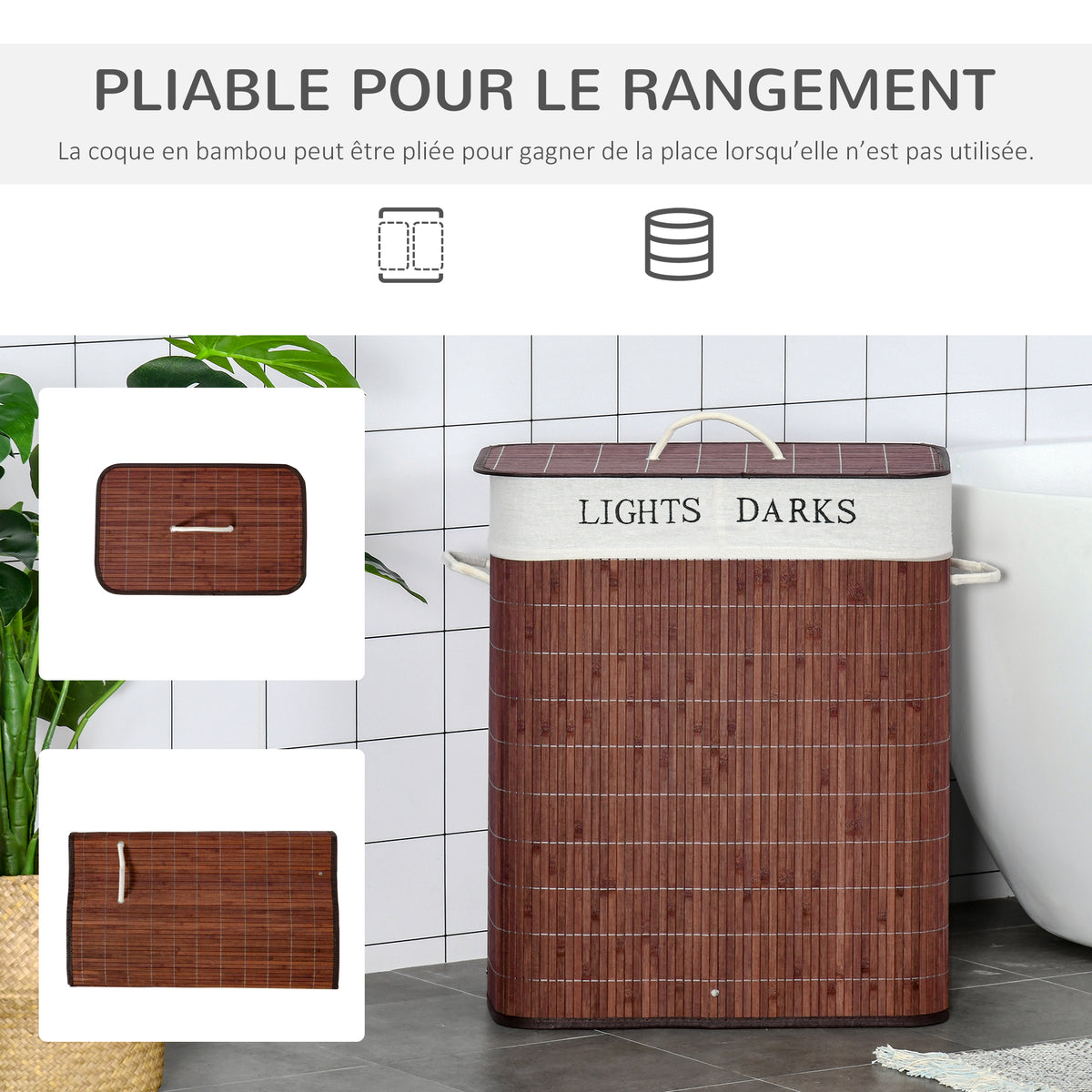 Panier à linge 100L avec 2 bacs bambou pliable couvercle poignée avec Sac amovible et lavable marron-4