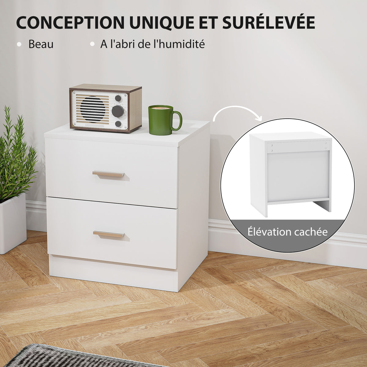 Table de chevet avec 2 tiroirs poignée en alliage d'aluminium style contemporain 45 x 39,5 x 49 cm blanc-5