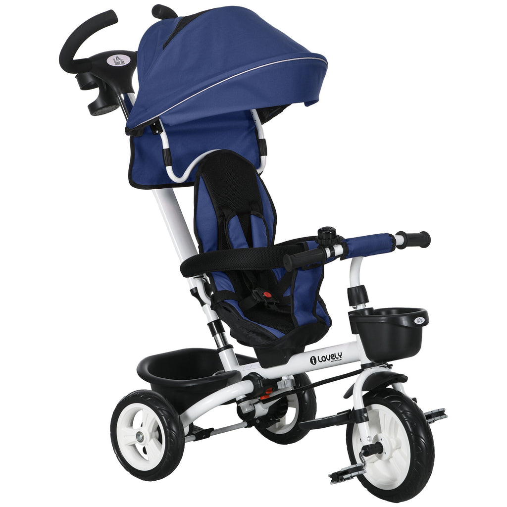 Tricycle 6 en 1 pour enfants, poignée de poussée, siège réversible, panier, auvent, ceinture de sécurité, 1-5 ans, bleu-0