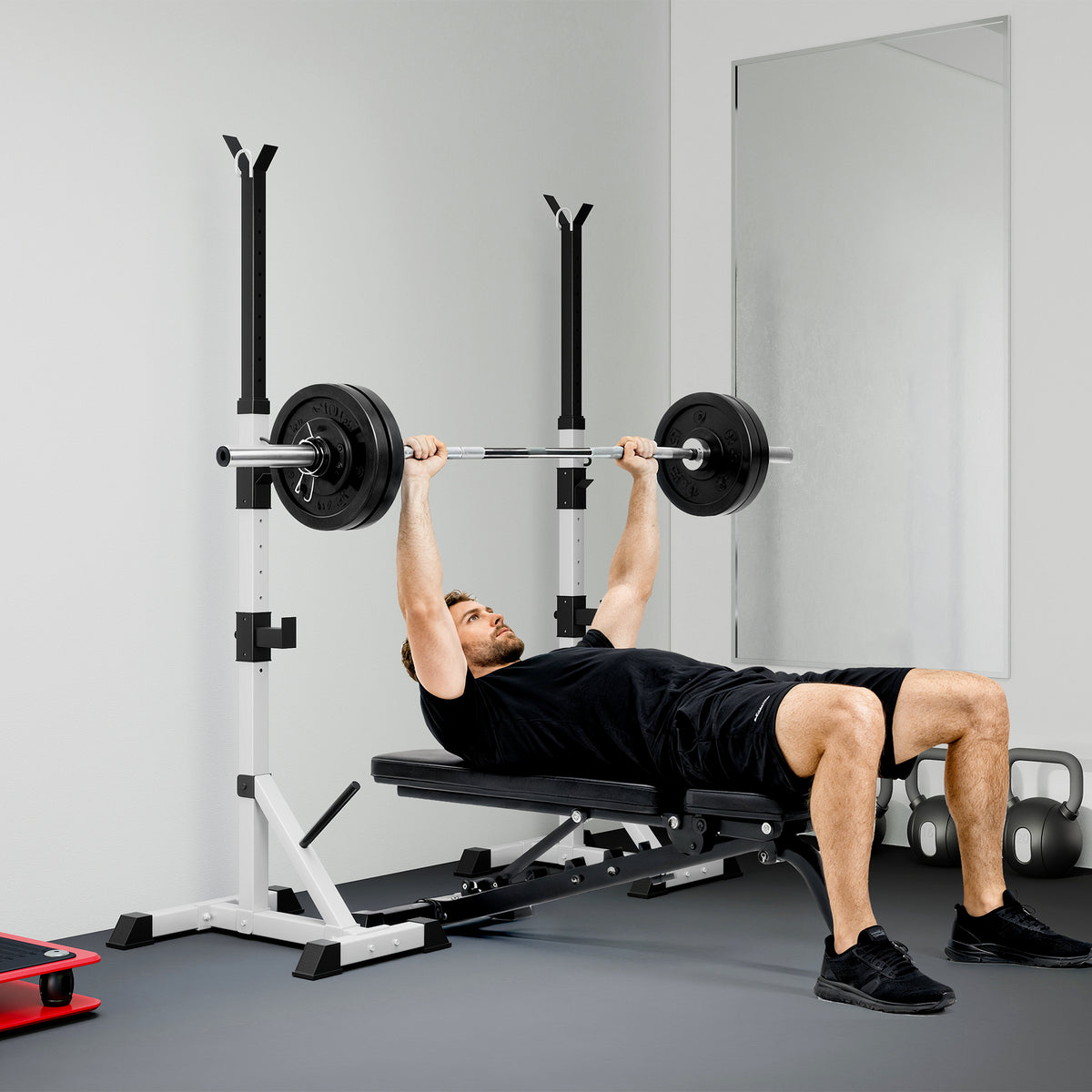 Squat Rack Réglable en Acier, Charge 200 kg, Support pour 3 Barres d'Haltères avec Crochets, 58,5x75,5x136-176cm, Argent-9