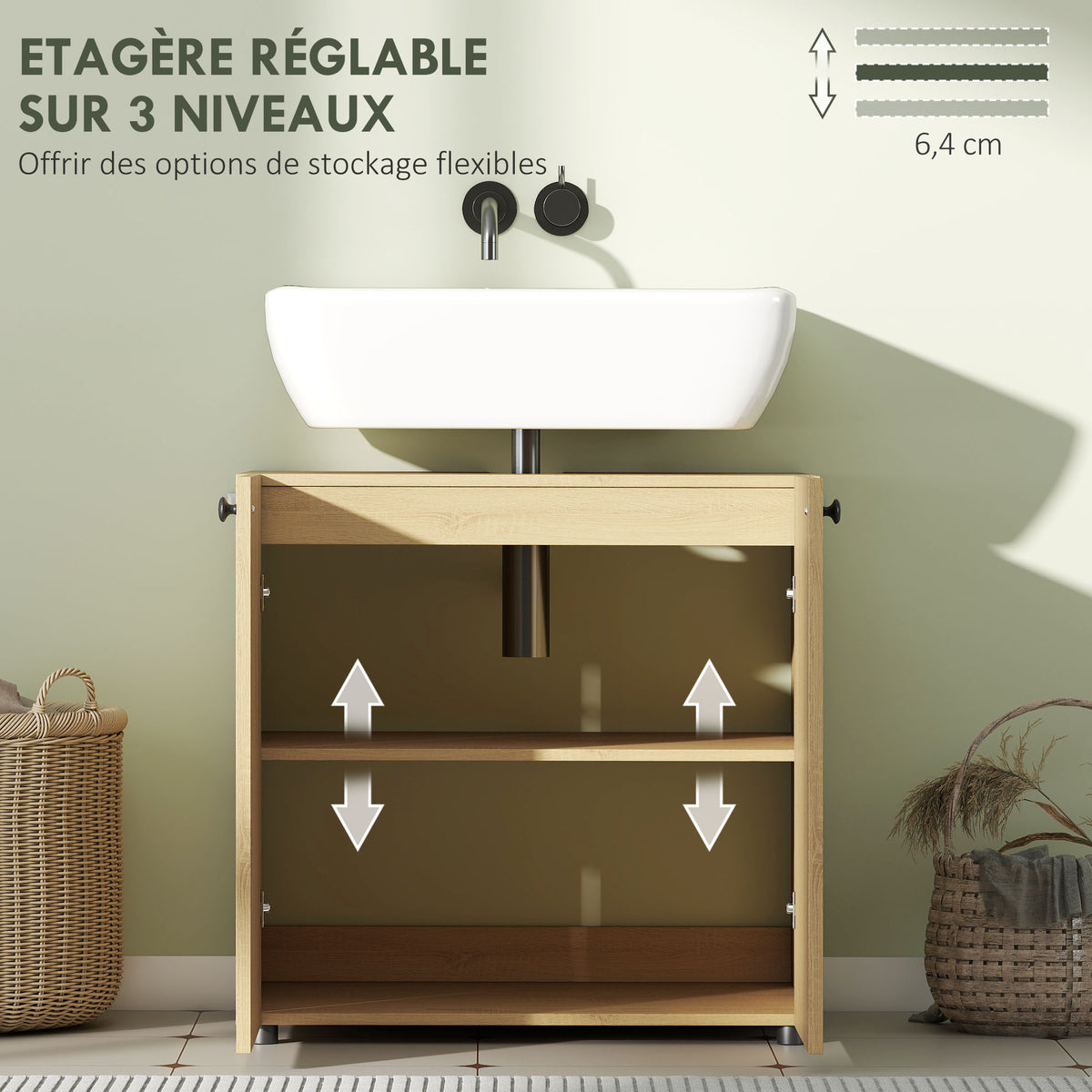Meuble sous lavabo, meuble de salle de bain 2 portes à fermeture amortie, étagère réglable, 60x39,8x58,5cm, bois naturel-4