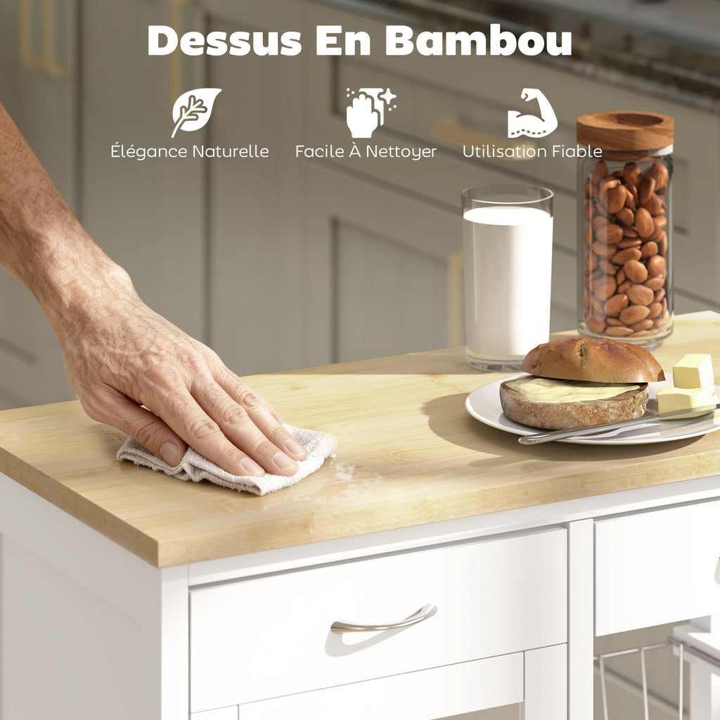 Desserte de cuisine à roulettes, îlot central cuisine avec plateau en bambou, porte vitrée, 67 x 35 x 80 cm, blanc-3