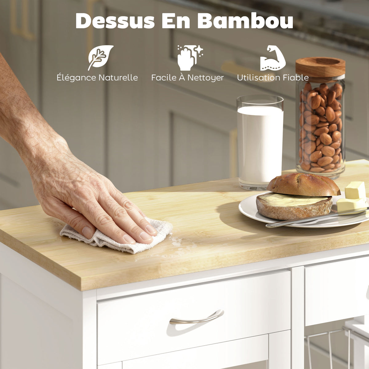 Desserte de cuisine à roulettes, îlot central cuisine avec plateau en bambou, porte vitrée, 67 x 35 x 80 cm, blanc-3