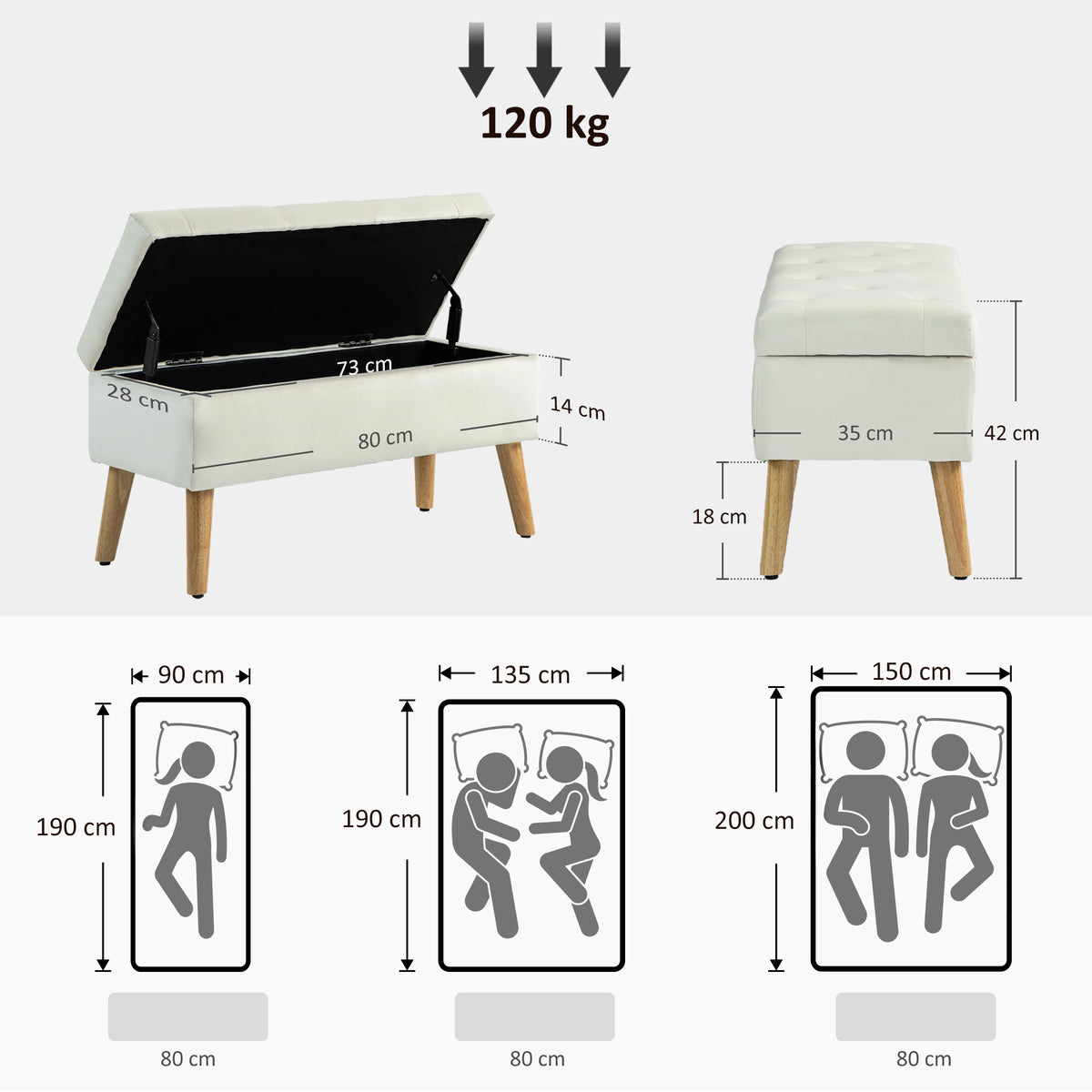 Banc de rangement coffre de rangement tissu effet velours pieds en bois charge max. 120 kg 80 x 35 x 42 cm, crème-2