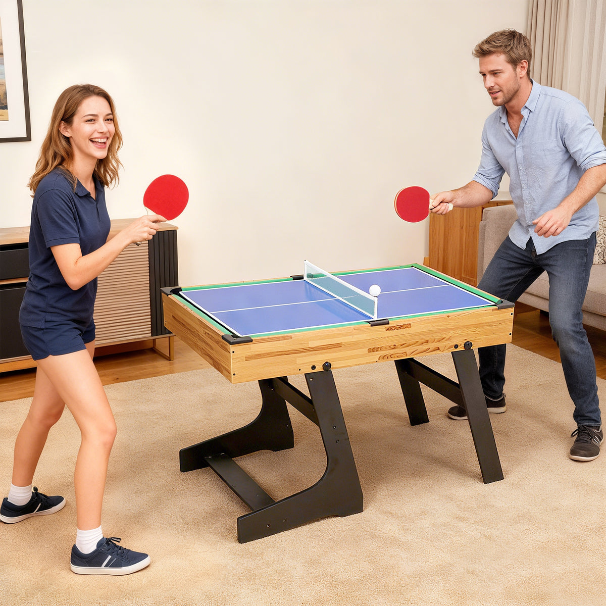 Table multijeux 13 en 1 pliable, table de jeu baby-foot, billard, pour enfants et adultes 120 x 106 x 82 cm noyer clair-1