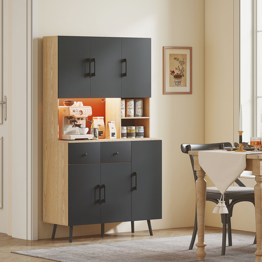 Buffet cuisine meuble cuisine rangement haut avec lumière LED RGB plan de travail 6 portes 2 tiroirs 100x40x176cm noir-9