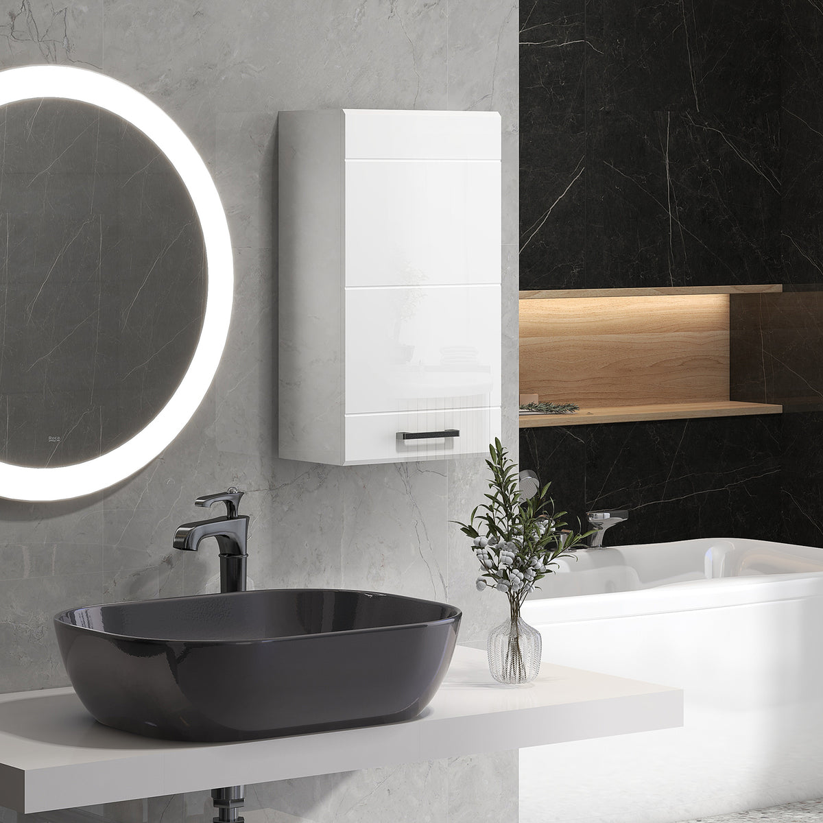 Armoire murale de salle de bain 1 porte avec étagère réglable en hauteur 3 niveaux 37 x 22,5 x 70 cm blanc haut brillant-1