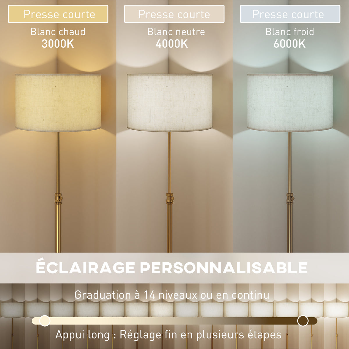 Lampadaire sur pied salon, lampe sur pied dimmable avec télécommande, abat-jour en lin, hauteur réglable 133-168cm, doré-3