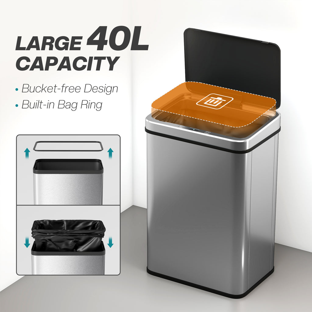 Poubelle à Capteur de 40L, Couvercle à Fermeture en Douceur, Poubelle de Cuisine Automatique Acier Inoxydable, Argenté-7
