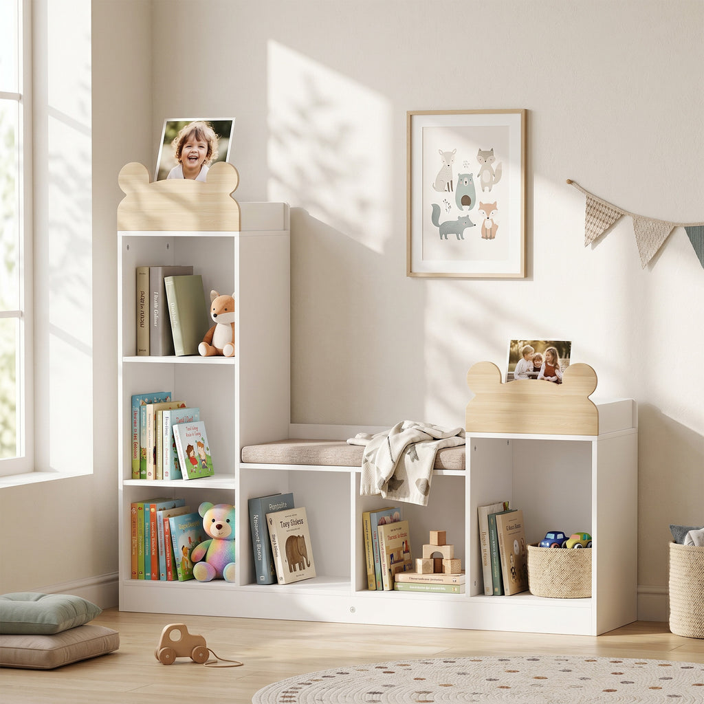 Bibliothèque Enfant, Meuble Rangement Enfant 3 en 1 avec Banc, 6 Compartiments, 2 Étagères, Coussin d'Assise, Blanc-8