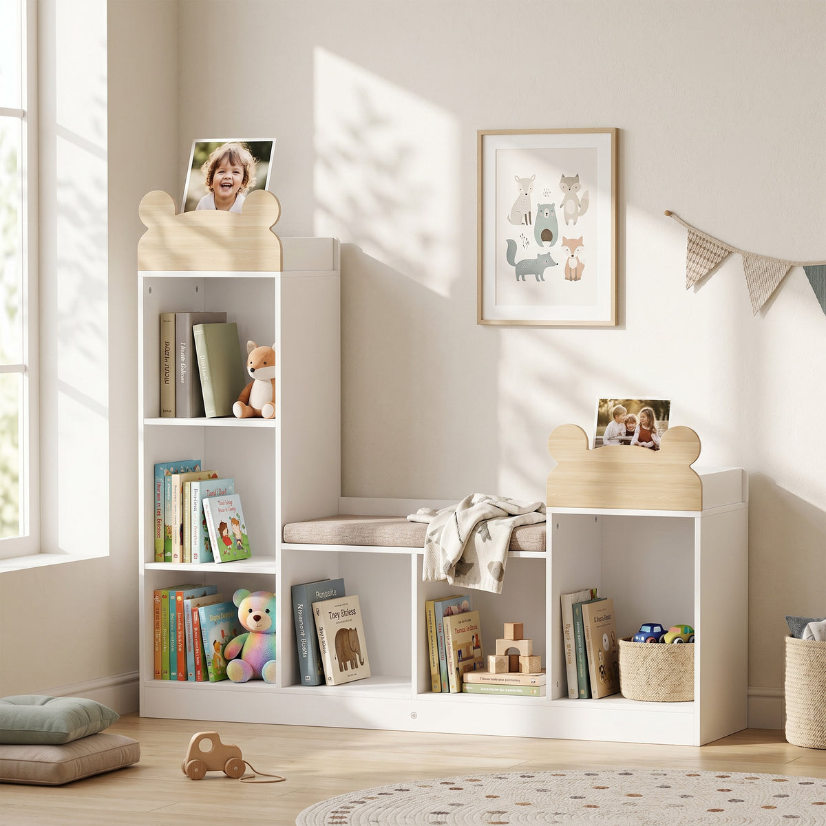 Bibliothèque Enfant, Meuble Rangement Enfant 3 en 1 avec Banc, 6 Compartiments, 2 Étagères, Coussin d'Assise, Blanc-8