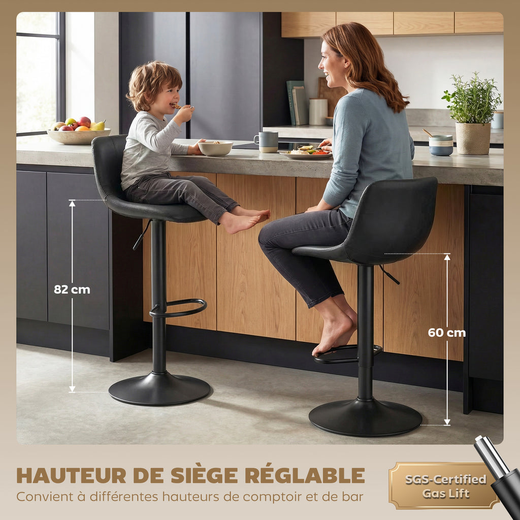 Lot de 2 tabourets de bar, chaises de bar hauteur réglable, dossier et repose-pieds, pivotant 360°, pieds en acier, noir-3