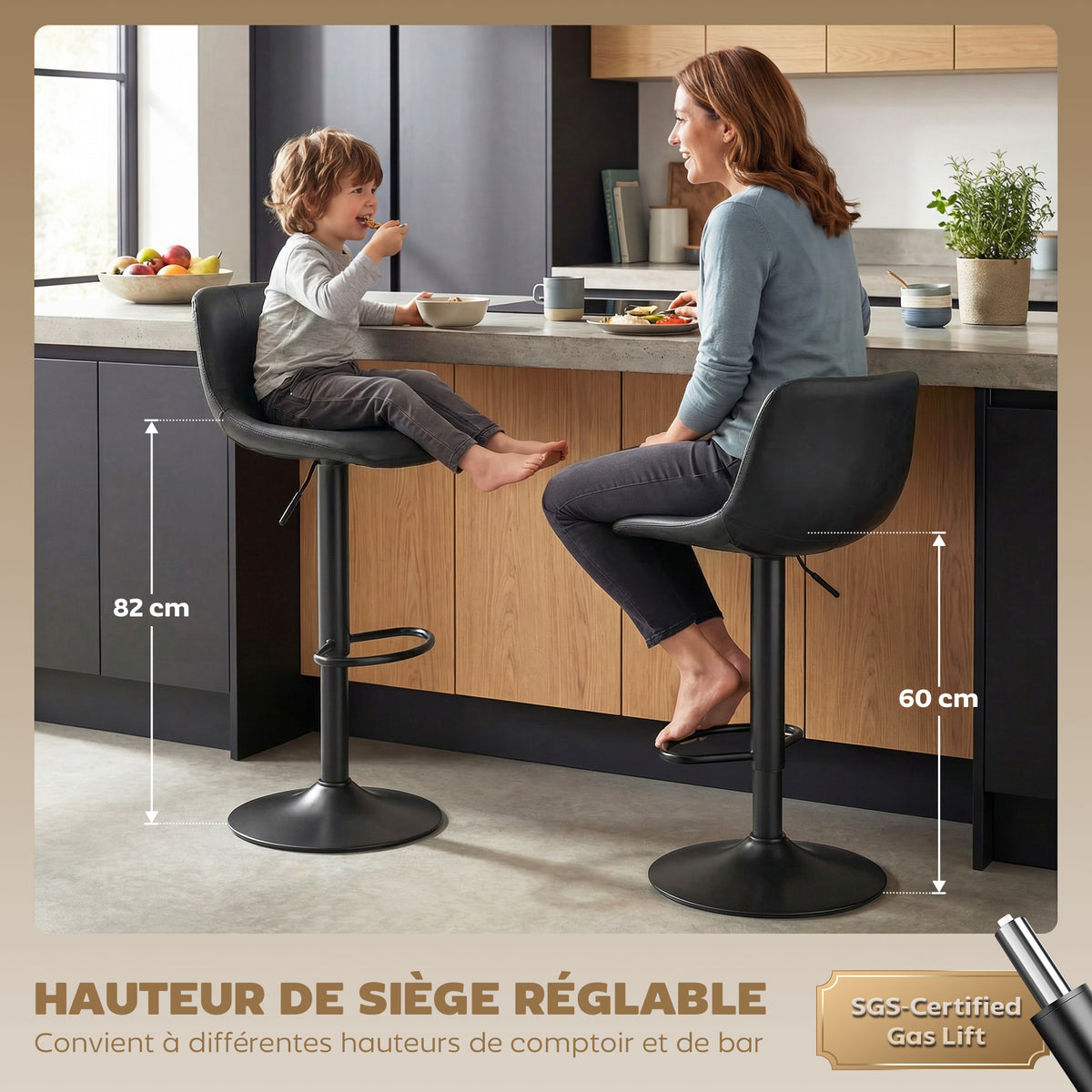 Lot de 2 tabourets de bar, chaises de bar hauteur réglable, dossier et repose-pieds, pivotant 360°, pieds en acier, noir-3