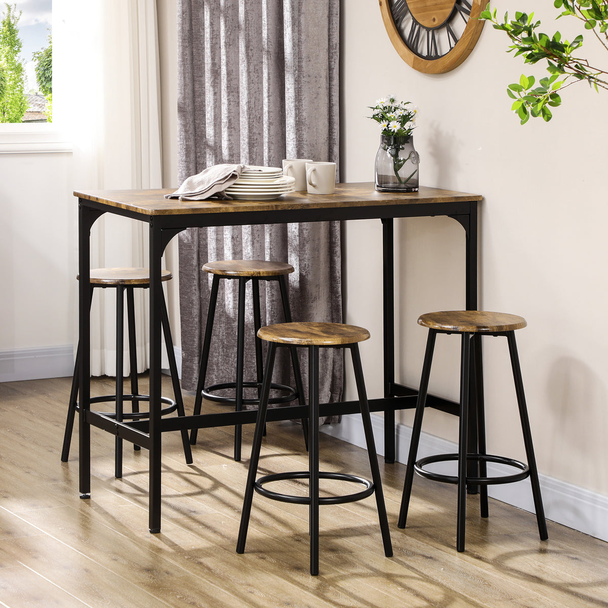 Ensemble table haute et 4 tabourets avec Repose-Pieds, métal noir et aspect bois pour cuisine salle à manger-1