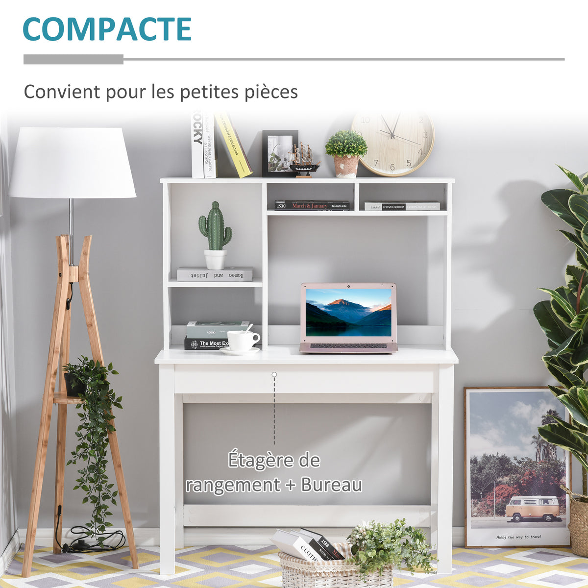 Bureau avec rangement bibliothèque en bois moderne avec étagères et grand plateau pour petits espaces maison chambre à coucher, 105 x 50 x 137,5 cm, blanc-4