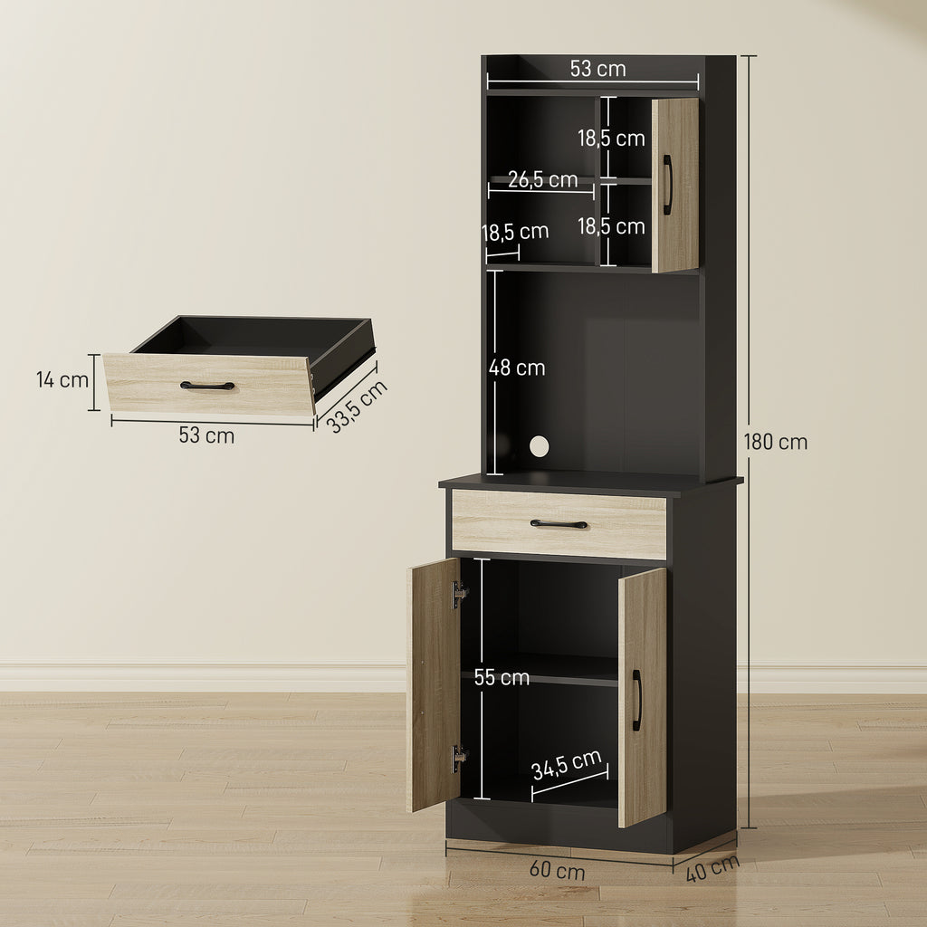 Buffet haut cuisine, armoire de cuisine, tiroir, 3 portes, étagères ouvertes, plan de travail, 60x40x180cm, bois naturel-2