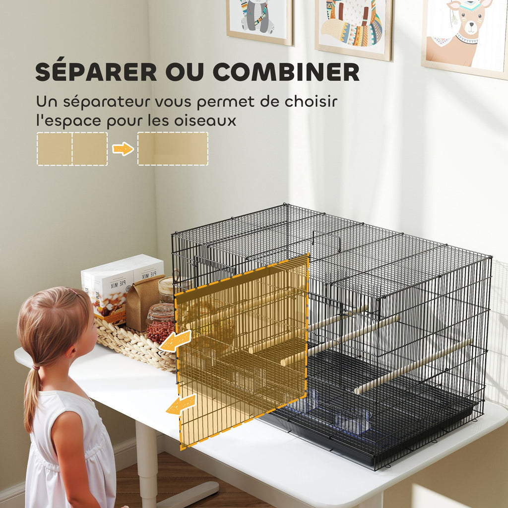 Cage à oiseaux volière intérieur acier avec séparateur 4 perchoirs plateau coulissant 4 mangeoires 76 x 46 x 46 cm noir-3