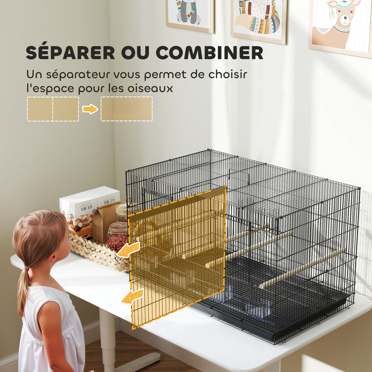 Cage à oiseaux volière intérieur acier avec séparateur 4 perchoirs plateau coulissant 4 mangeoires 76 x 46 x 46 cm noir-3