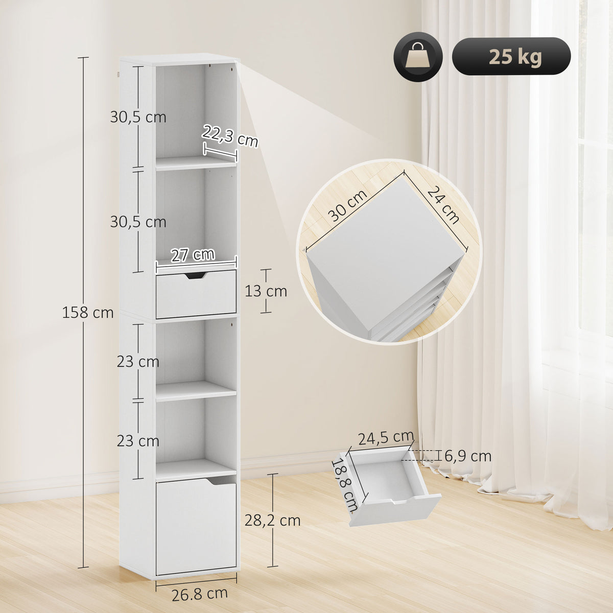 Bibliothèque, étagère à livres, meuble de rangement avec tiroir placard compartiments ouvertes, 30 x 24 x 158 cm, blanc-2