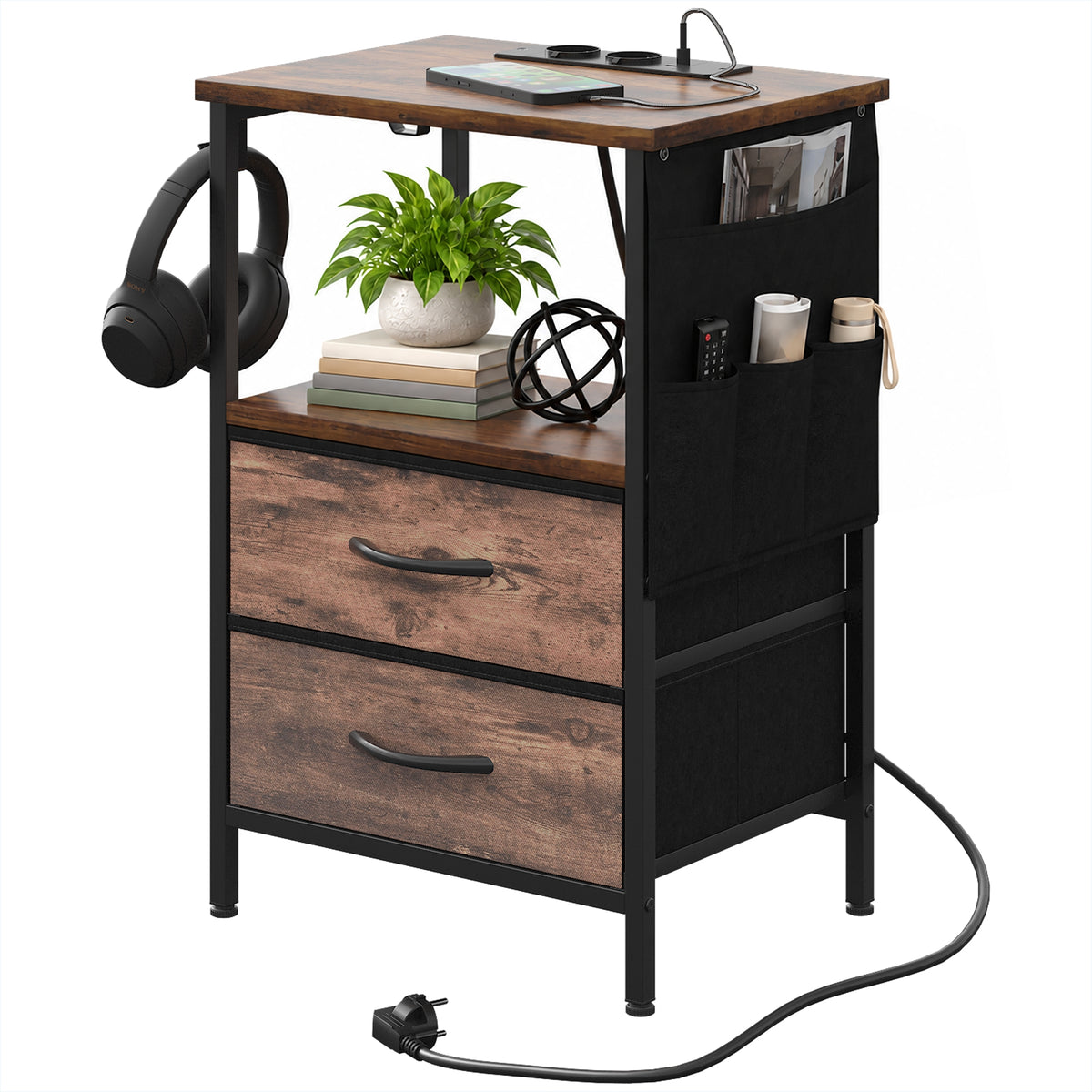 Table d'Appoint, Bout de Canapé, 2 Tiroirs et Sac de Rangement, Station de Charge, 40x30x60cm, Brun Rustique et Noir-9