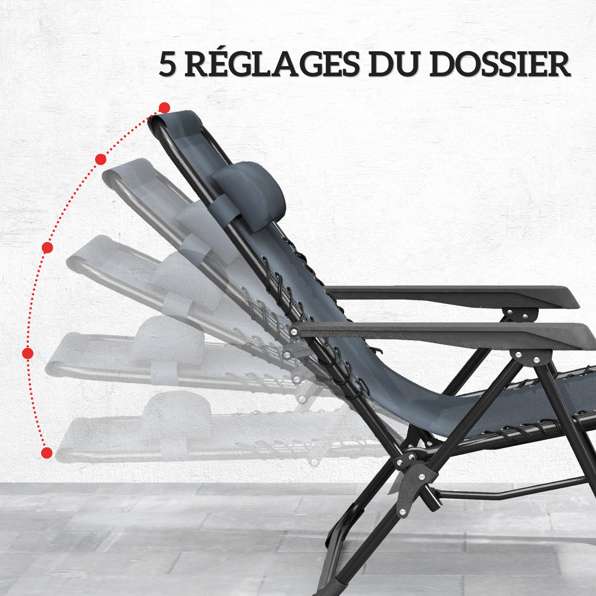 Lot de 2 chaise longue pliable et inclinable avec table d'appoint, porte-gobelets et appuie-têtes, charge 120 kg, gris-3