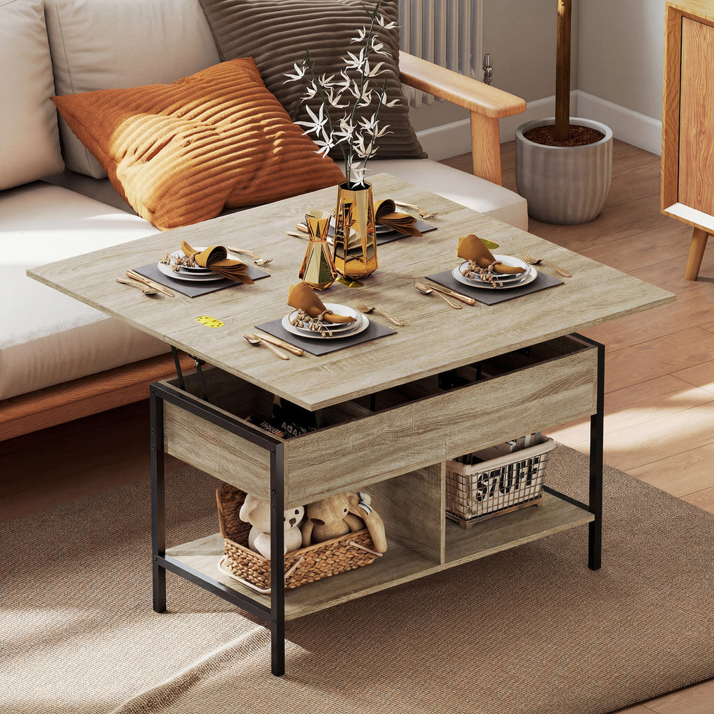 Table basse relevable et extensible, table de salon avec compartiment caché étagères ouvertes, 98x49x55cm, bois naturel-9