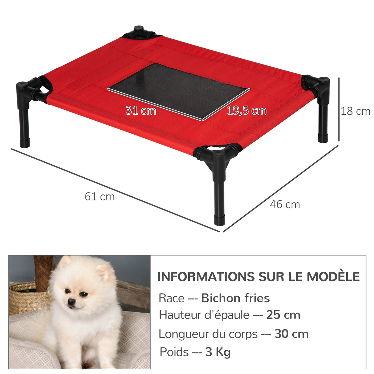 Lit surélevé pour chiens chats animaux de compagnie tissu oxford textilène micro-perforé 61 x 46 x 18 cm rouge et noir-2