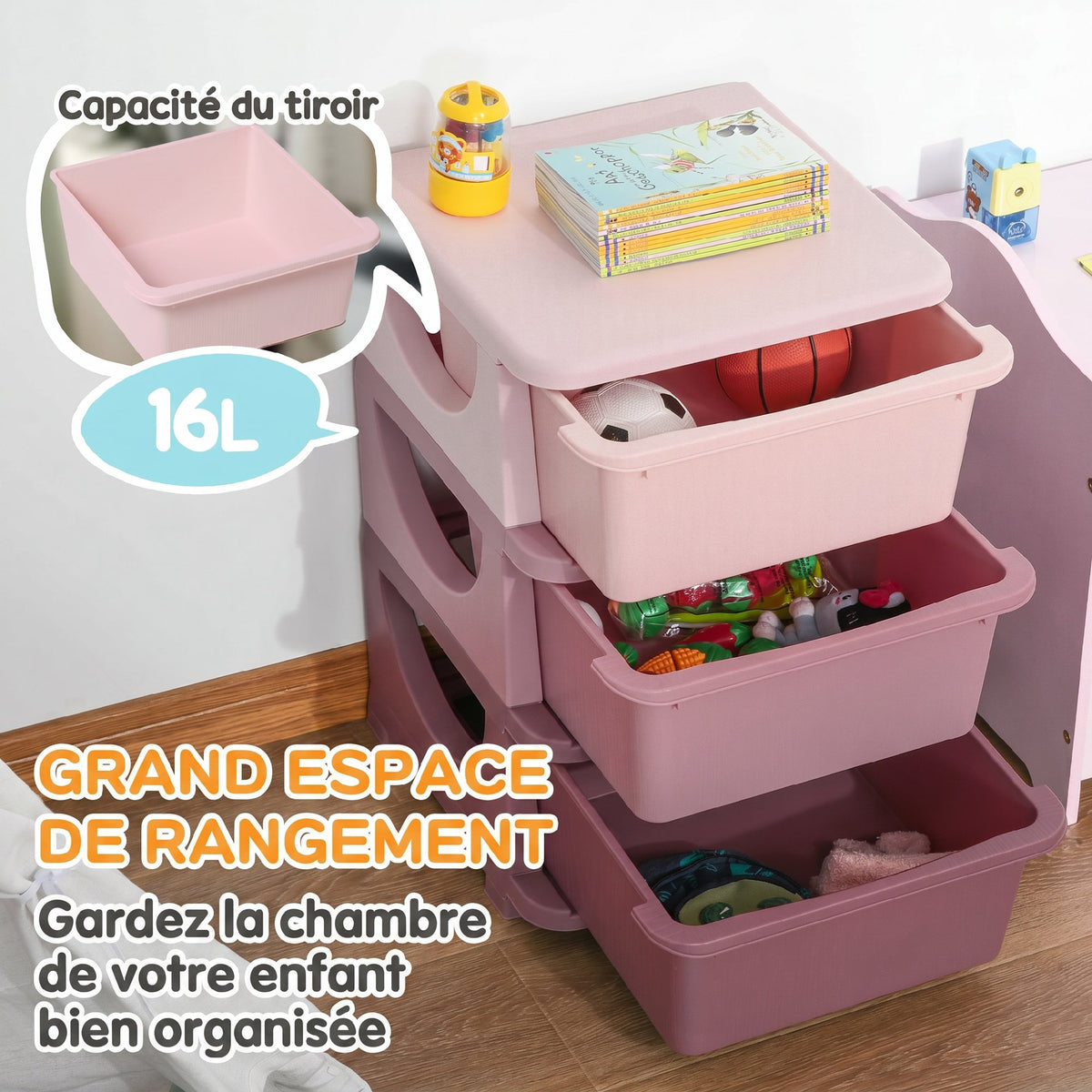 Organisateur de jouets pour enfants avec tiroirs à 3 niveaux, boîtes de rangement en plastique, 37 x 37 x 56,5 cm, rose-3