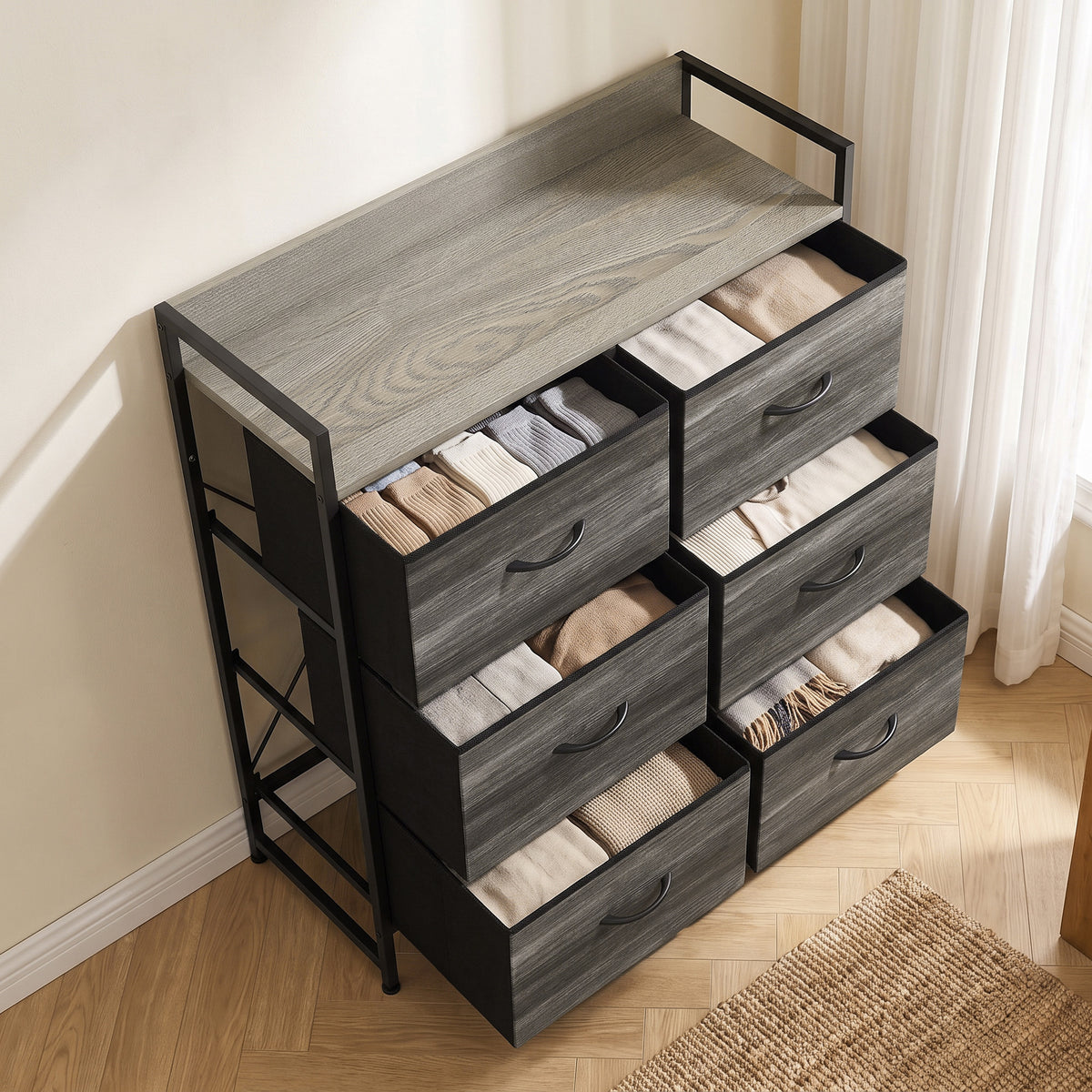 Commode, Meuble de Rangement pour Chambre, 6 Tiroirs en Tissu en Lin, Cadre en Acier, 80 x 29 x 85 cm, Gris-7