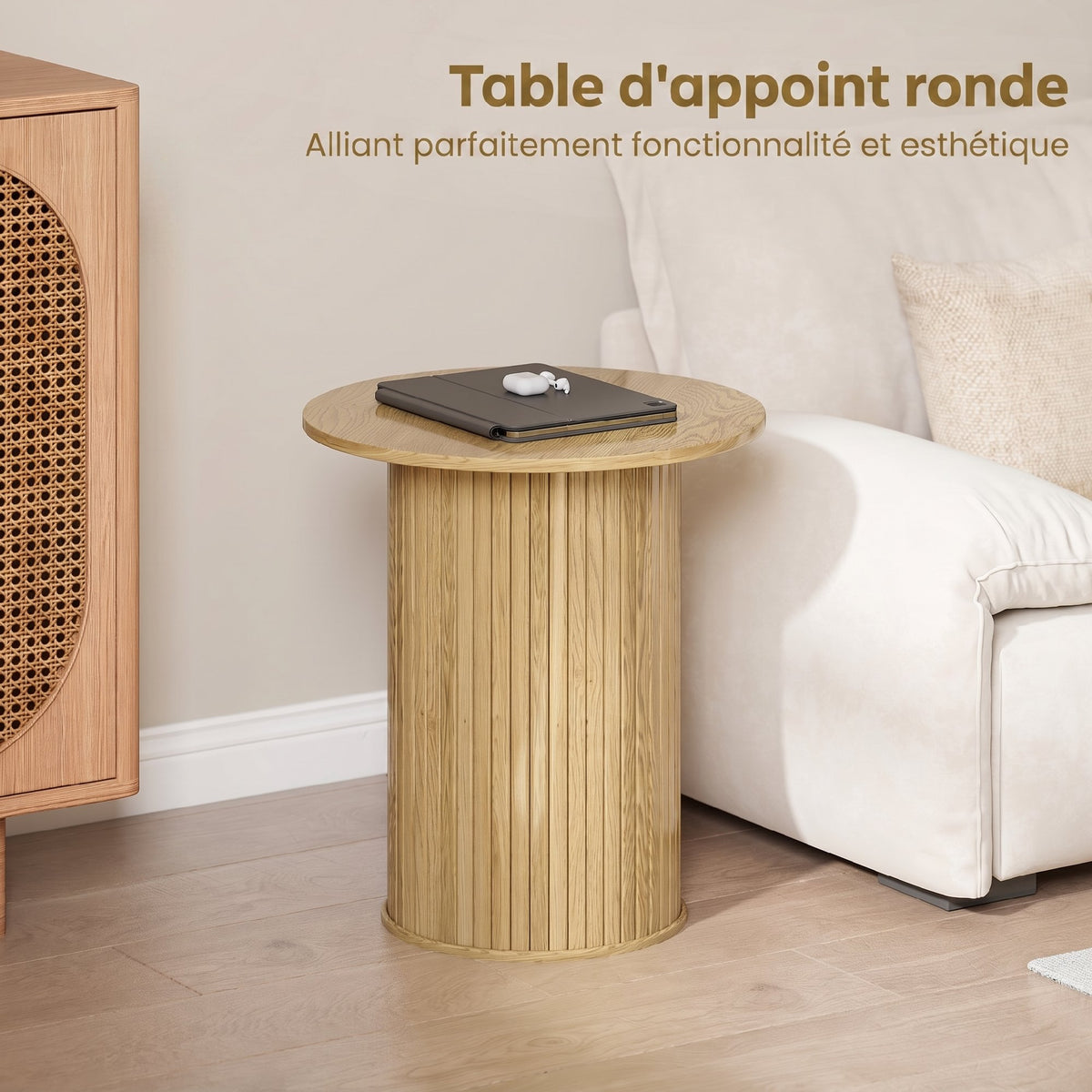 Table d'appoint ronde Ø 48 cm, table basse avec pieds cannelés pour salon, chambre ou petit espace, chêne-3