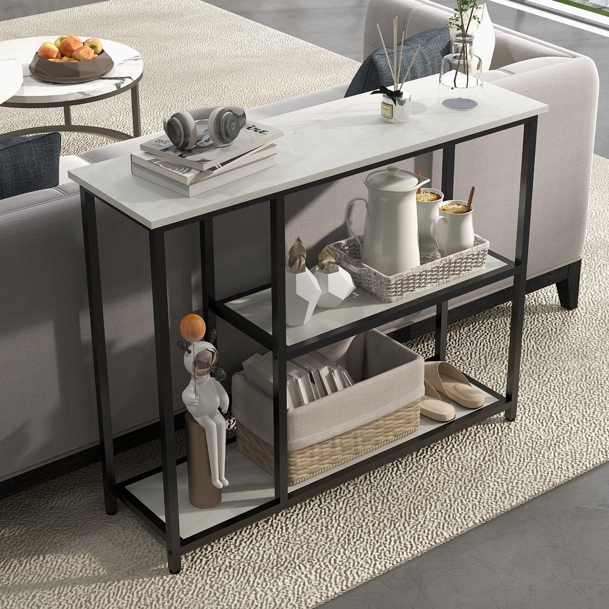 Console meuble 100 cm, table console 3 niveaux, plateaux en effet marbre, cadre en acier, blanc-9