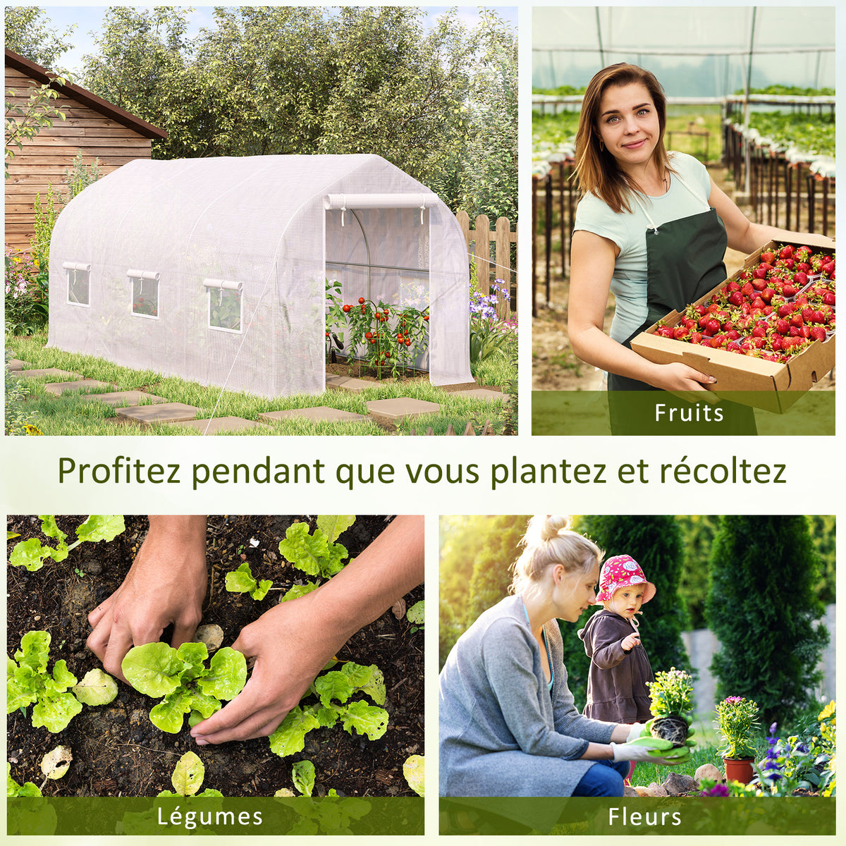 Serre tunnel de jardin 8m², serre de jardin tunnel avec 1 portes et 6 fenêtres, bâche PE 140g/m² 400x200x200cm blanc-6