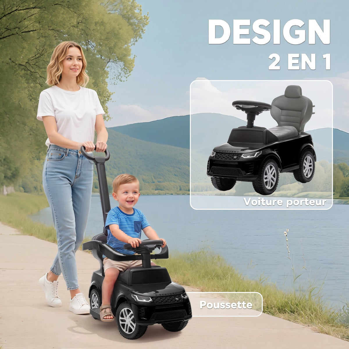 Porteur enfants Land Rover Discovery sous licence, porteur voiture à pousser avec poignée amovible, 84x40x94,5cm, noir-3