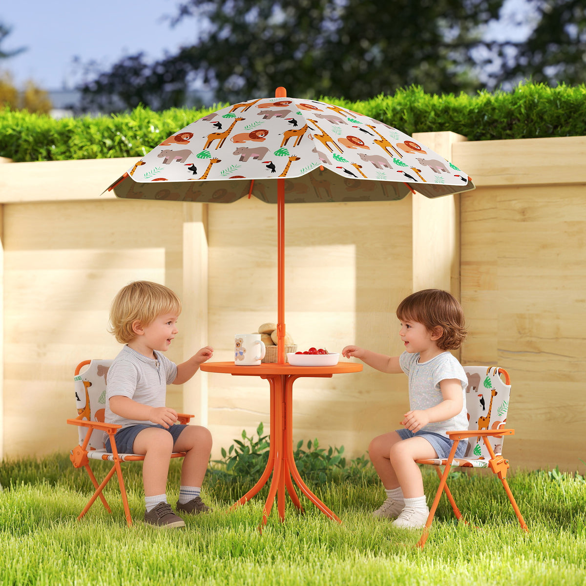 Salon de jardin enfant, table enfant avec 2 chaises pliantes et parasol Ø 100 cm, motif animal, orange-1