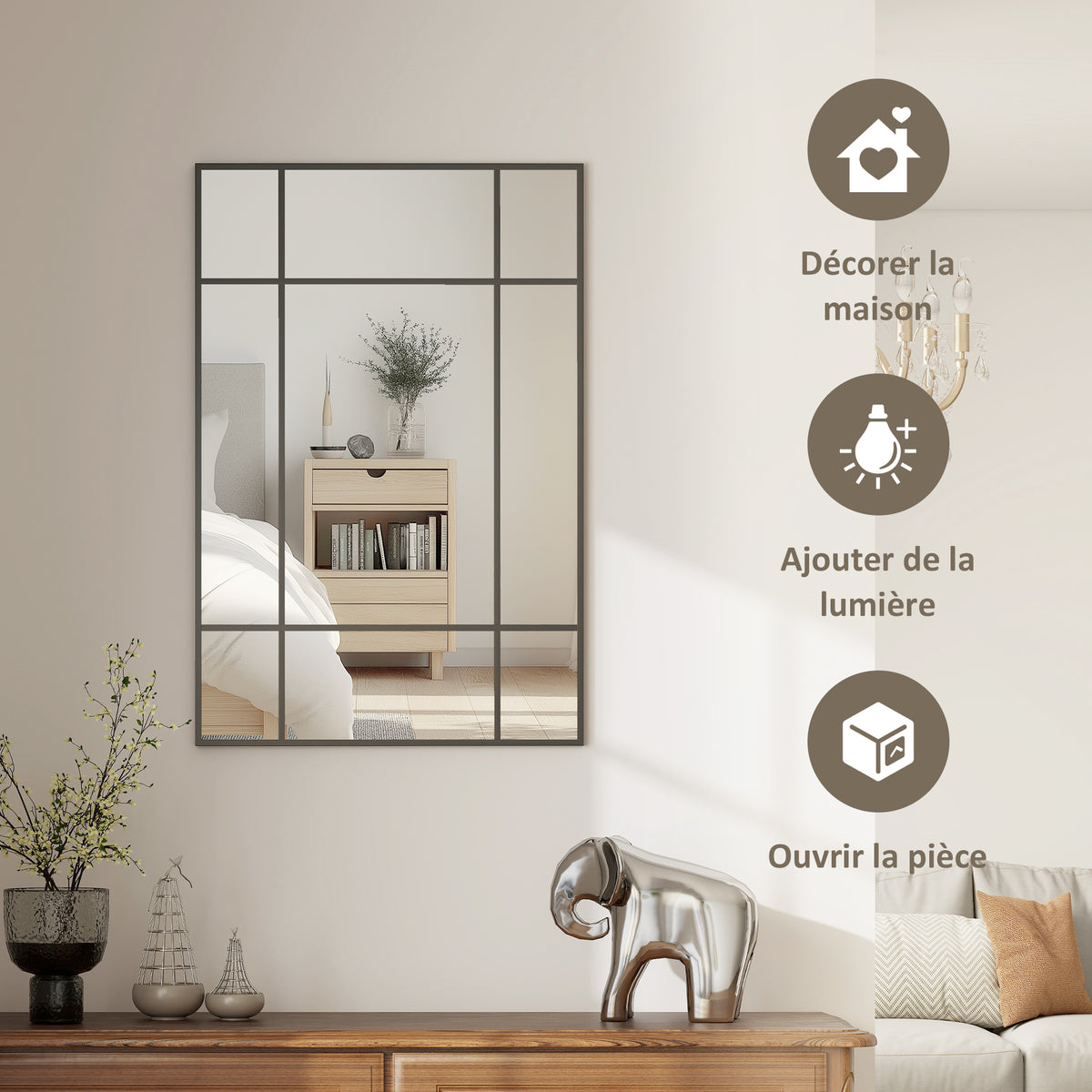 Miroir mural verrière rectangulaire style fenêtre, horizontal ou vertical avec 4 crochets, en métal noir - 90x60 cm-3