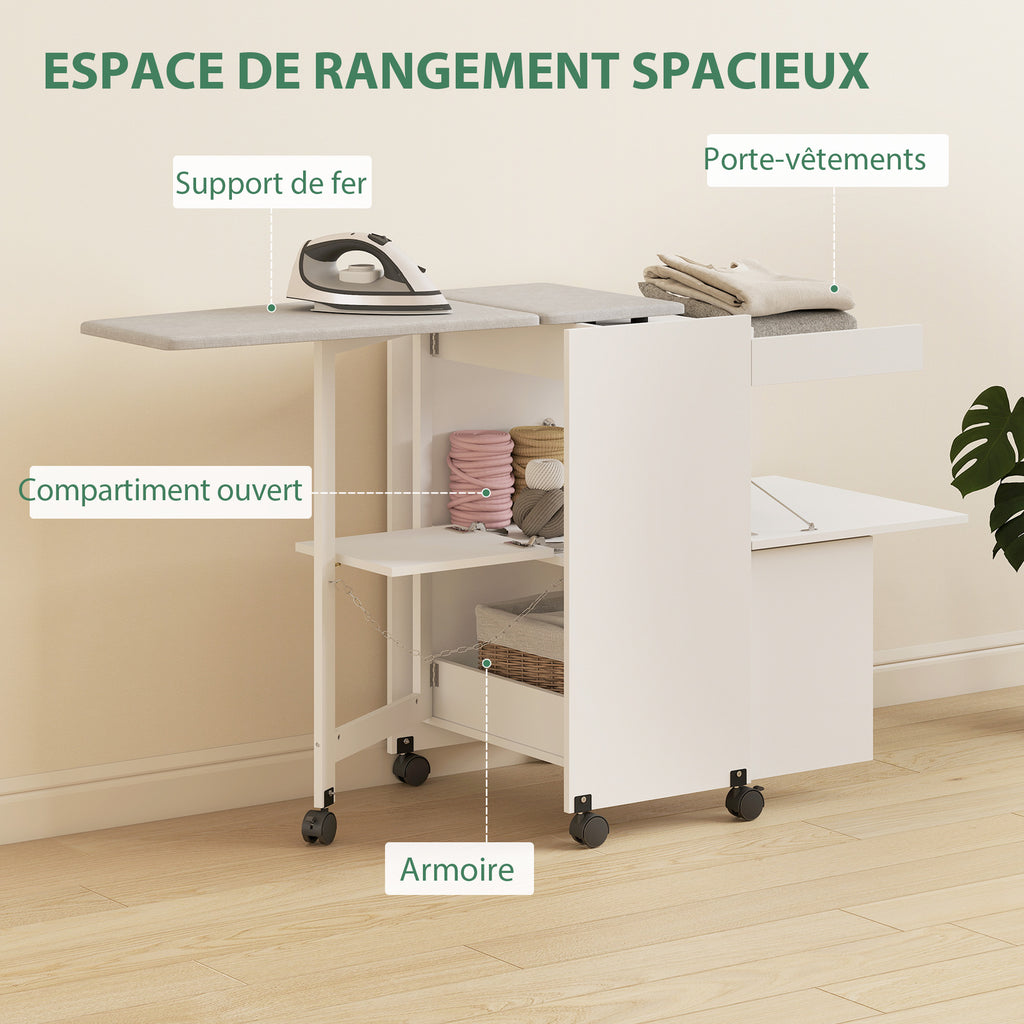 Meuble à repasser, table à repasser pliante sur roulettes avec portes par pression, charnières à fermeture douce, blanc-4