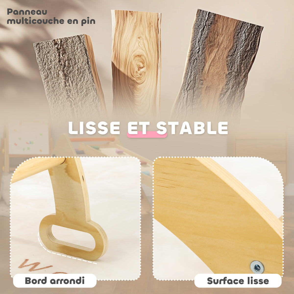 Arche escalade enfants bascule en bois d'intérieur pour garçons & filles, tout-petits de 18 à 48 mois, bois naturel-4