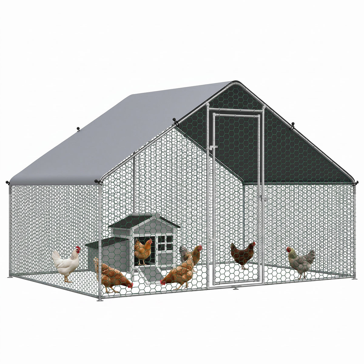 Enclos pour Poules XXL 6 m² - Grand Parcours Extérieur en Acier Galvanisé 3x2x2m - Volière de Jardin Anti-renard avec Bâche de Toit pour 4-6 Poules, Canards ou Lapins, Gris-0