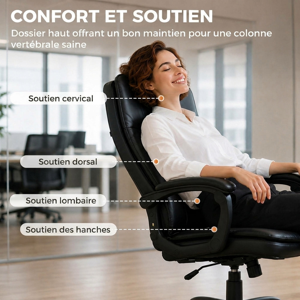 Chaise bureau ergonomique, fauteuil de bureau en PU, hauteur réglable, fonction bascule, pivotante 360°, noir-3