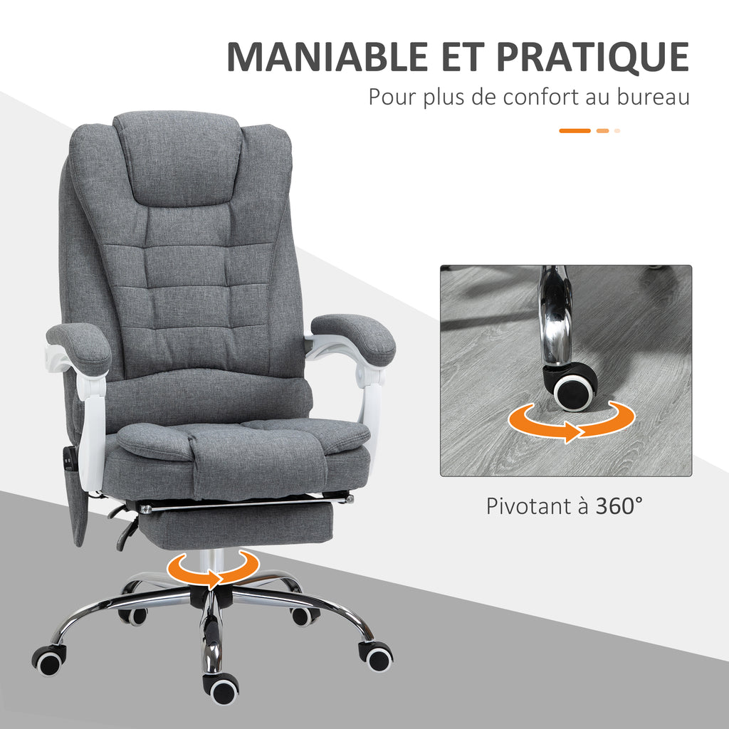 Fauteuil de bureau direction massant chauffant hauteur réglable dossier inclinable toile de lin gris-4