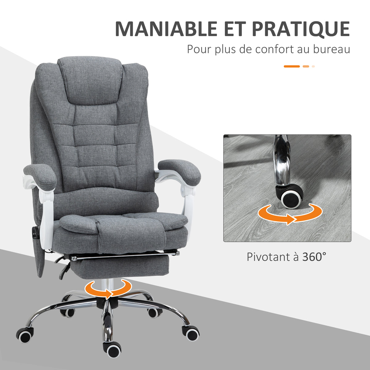 Fauteuil de bureau direction massant chauffant hauteur réglable dossier inclinable toile de lin gris-4