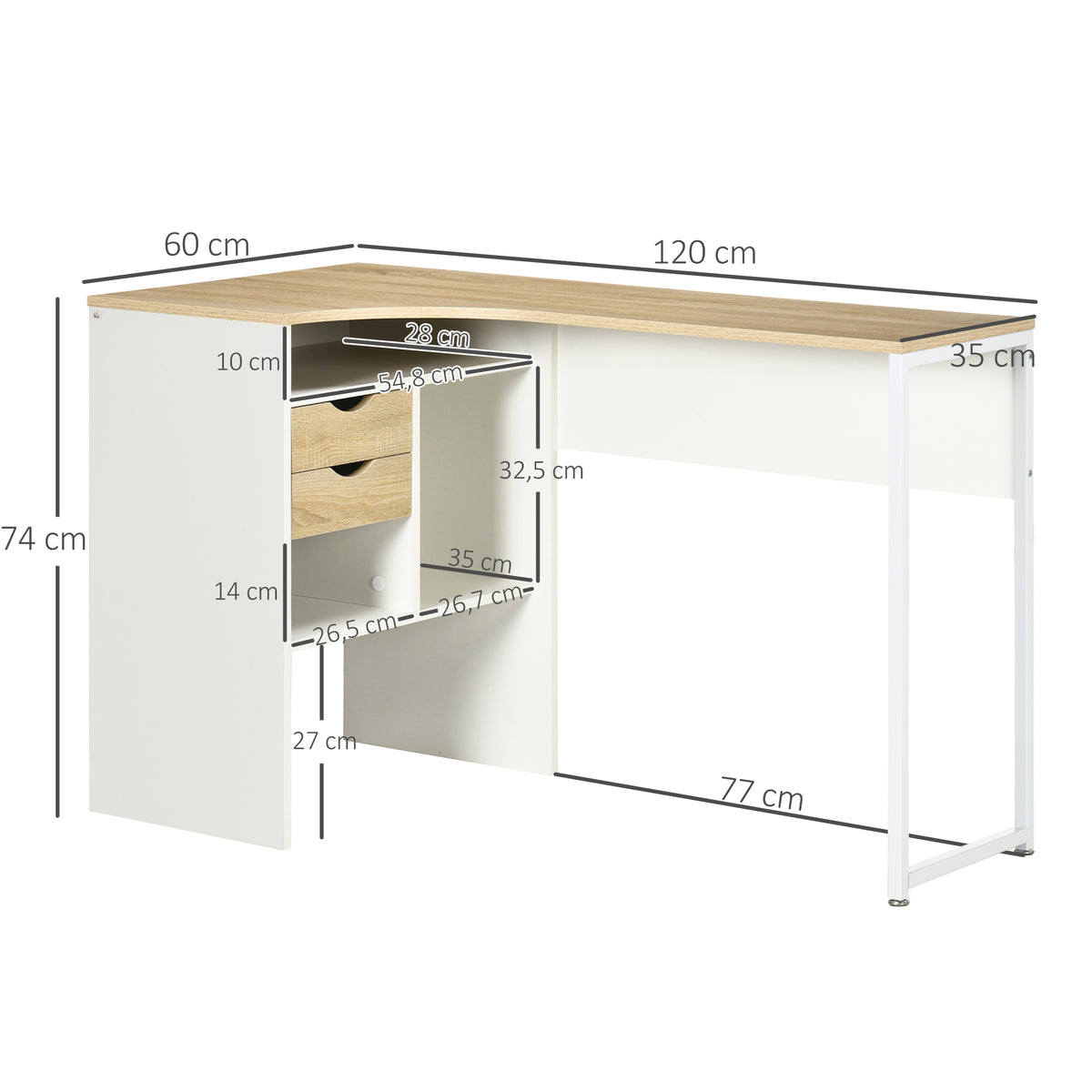 Bureau d'Angle avec 2 Tiroirs, 120 x 60 cm, Bureau en L avec 3 Compartiments Ouverts, Table Informatique pour Étudier, Travailler, Chambre, Maison, Chêne Clair-2