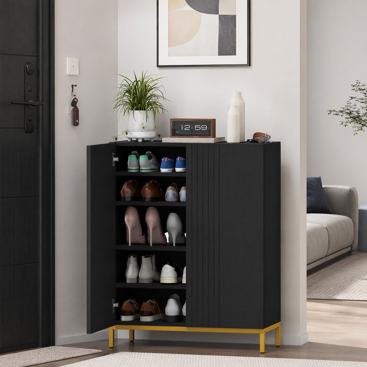 Meuble à Chaussures 20 Paires, Armoire à Chaussures, Portes à Fermeture Douce, Étagères Réglables, Pieds en Acier, Noir-8