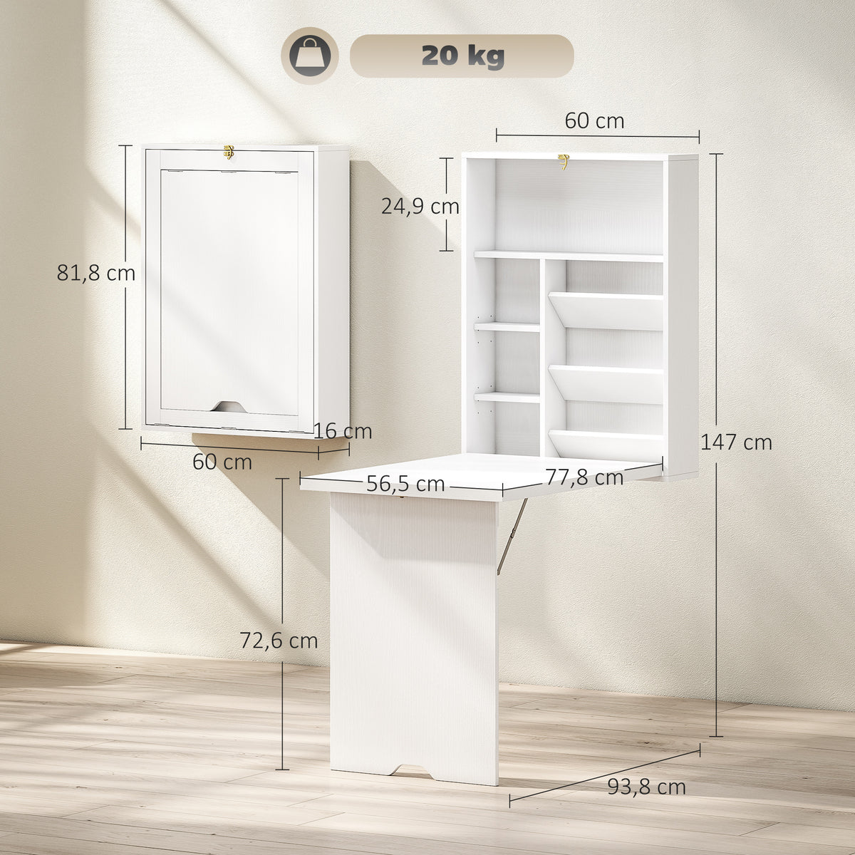 Bureau pliable mural, table murale pliante avec étagères pour salon, salle à manger, bureau, 93,8 x 60 x 147 cm, blanc-2