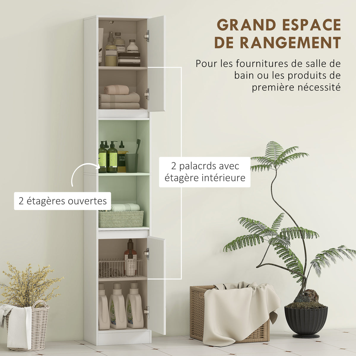 Meuble colonne salle de bain, meuble de rangement avec 2 portes, 2 compartiments ouverts, , 30 x 24 x 170 cm, blanc-3