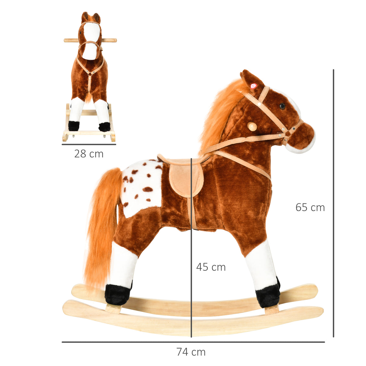 Cheval à Bascule en Bois et Peluche pour Enfant Cheval de Cowboy peluche Pour Enfants de 3-6 Ans Jouet balançoire avec Effet sonore Selle rênes Marron Blanc-2