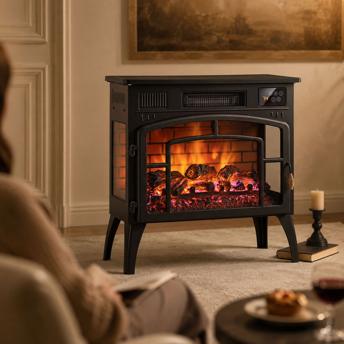 Cheminée Électrique Effet Flamme 3D Multicolore 1000W/2000W, Thermostat Réglable, Contrôle par Appli et Voix, Noir-8