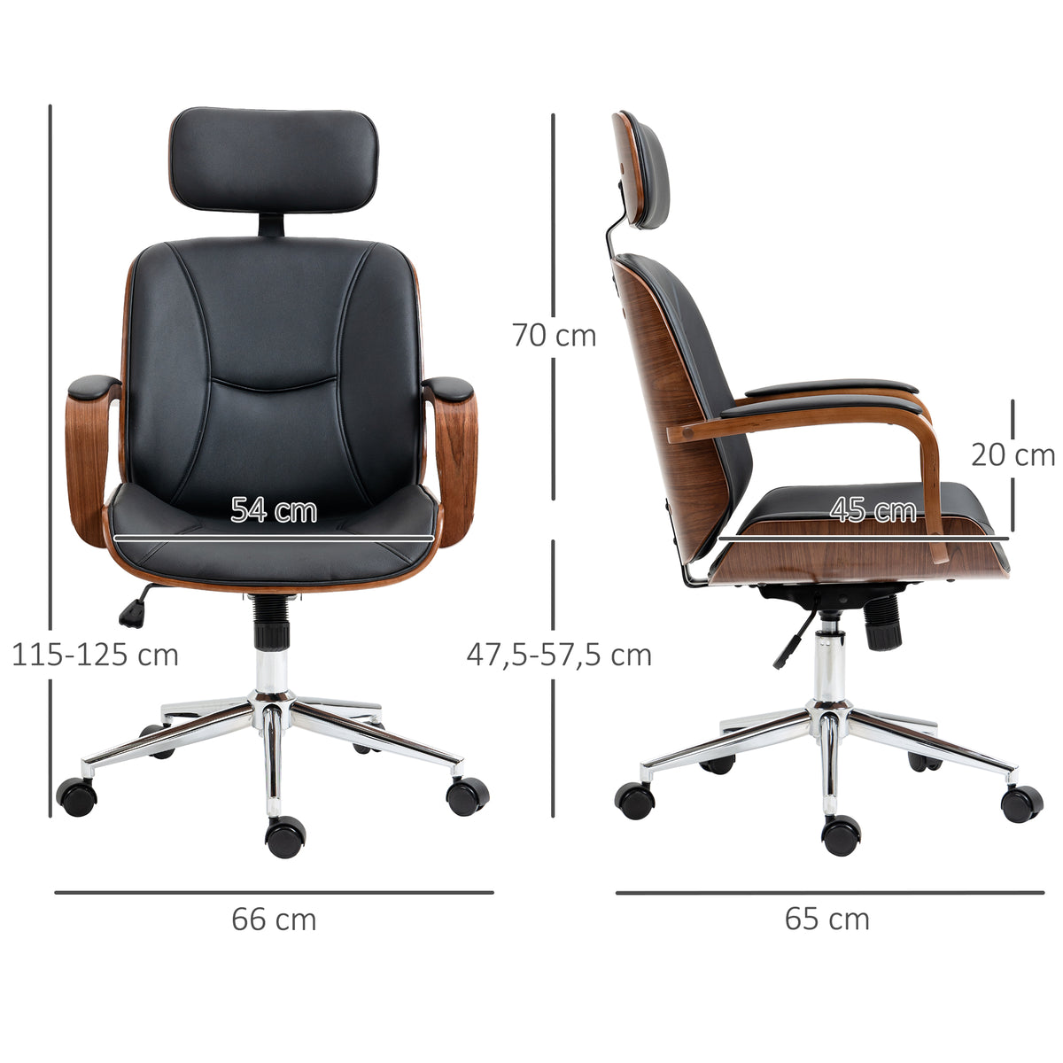 Fauteuil de bureau, chaise de bureau avec appui-tête amovible hauteur réglable et fonction de bascule, 66x65x125cm, noir-2