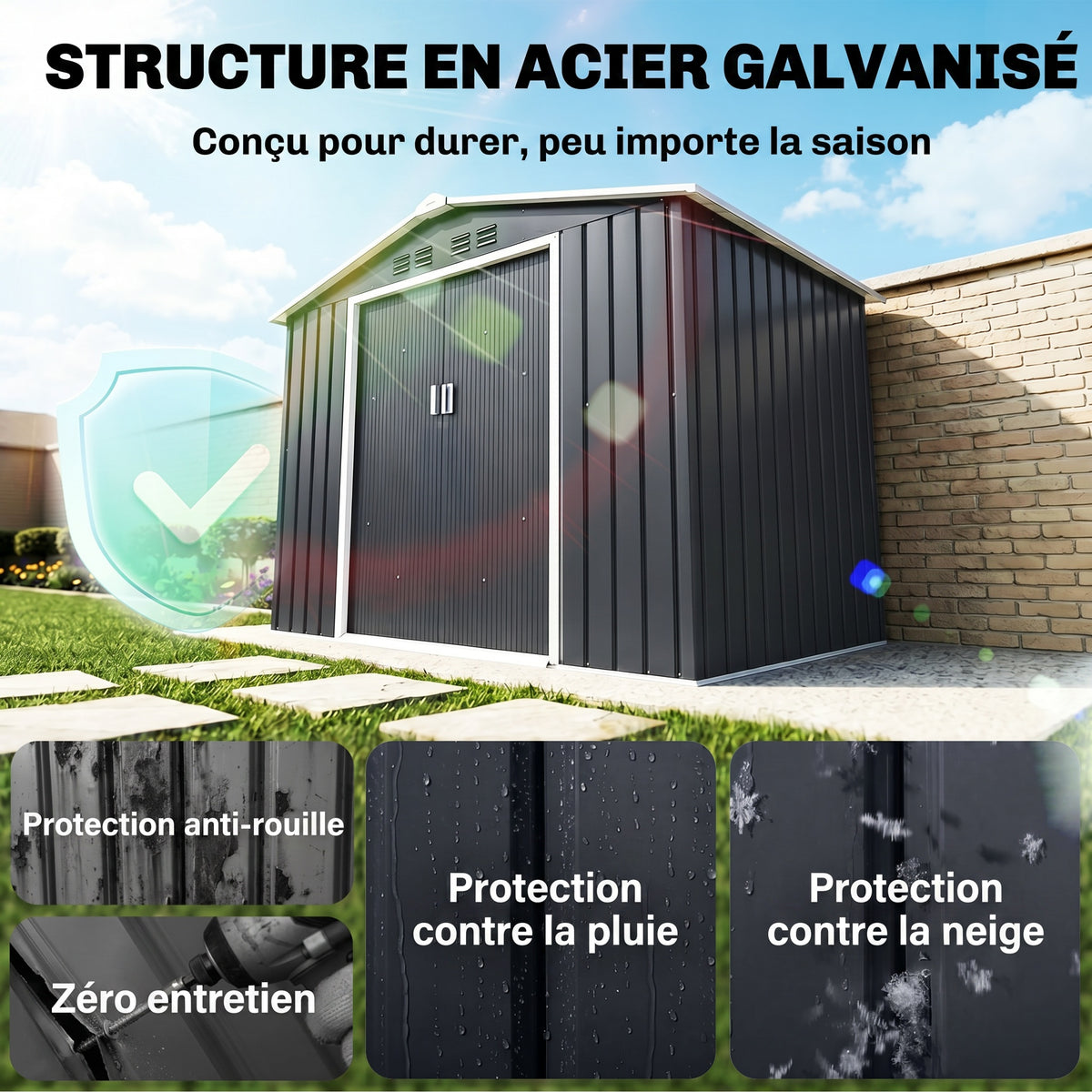 Abri de jardin en métal 2,42 m² cabane de jardin 213 x 130 x 185 cm avec fondation, porte coulissante gris foncé-4